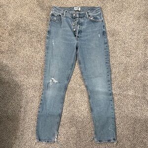 Agolde Blue Cropped Ankle Jeans with Distressed Hem